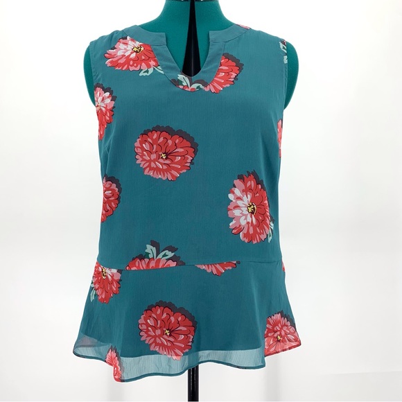 Cabi Blushing Blouse # 3445, Chrysanthemum Print Teal Sleeveless Blouse, Medium - Picture 3 of 16